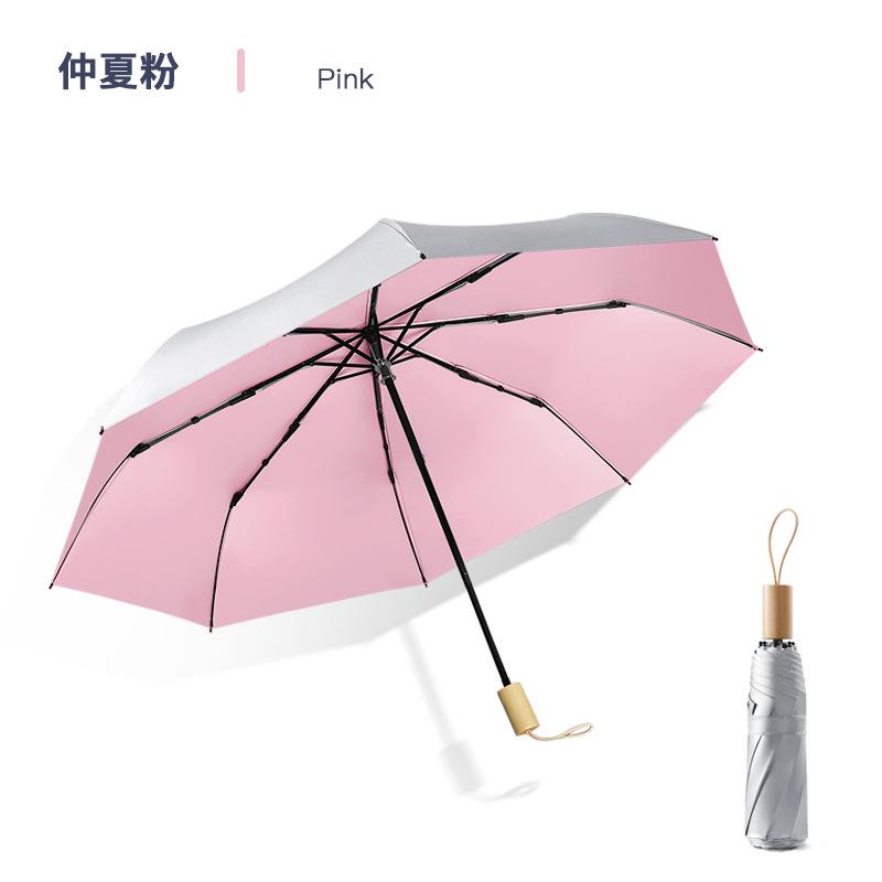 Solid color wooden handle three-fold umbrella wholesale 8-bone silver glue sun protection and UV protection folding umbrella manual umbrella