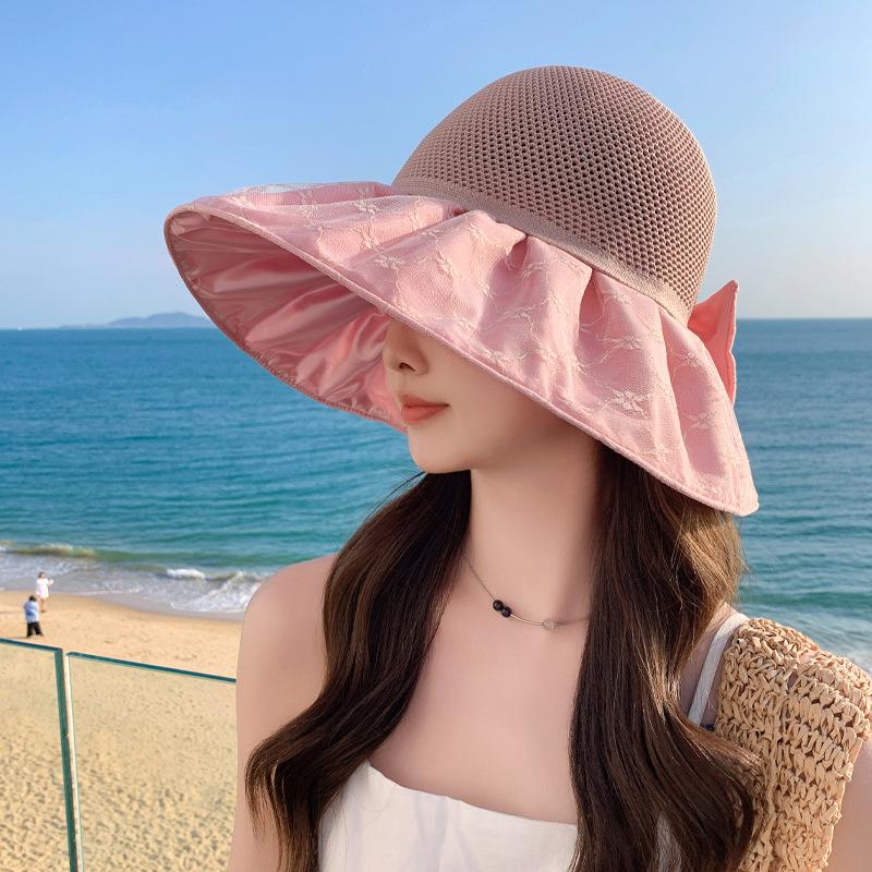Summer new hat women's versatile knitted breathable color glue sun protection sun hat summer mesh bow sun hat