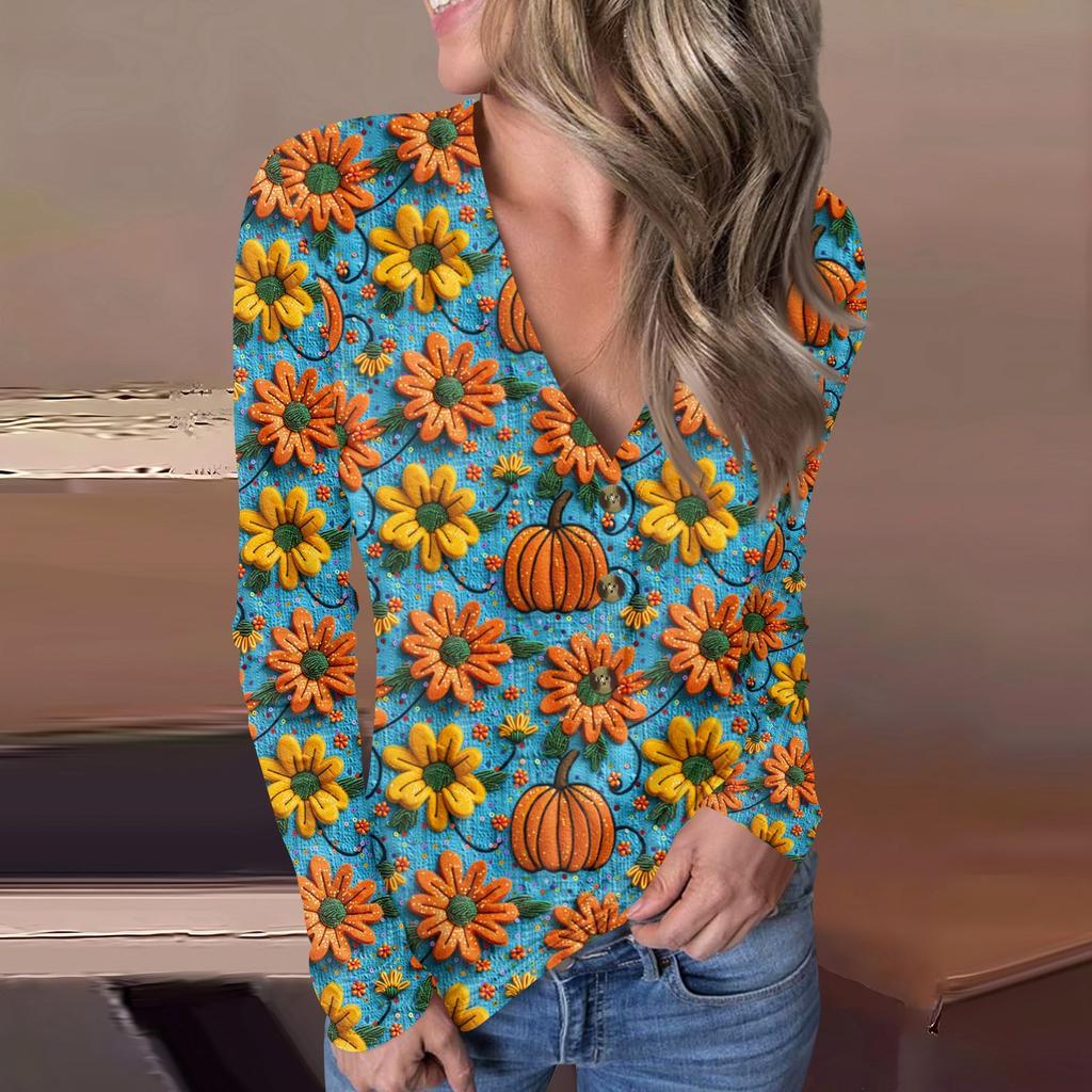 Lässiger Pullover mit V-Ausschnitt und Halloween-Print für Damen