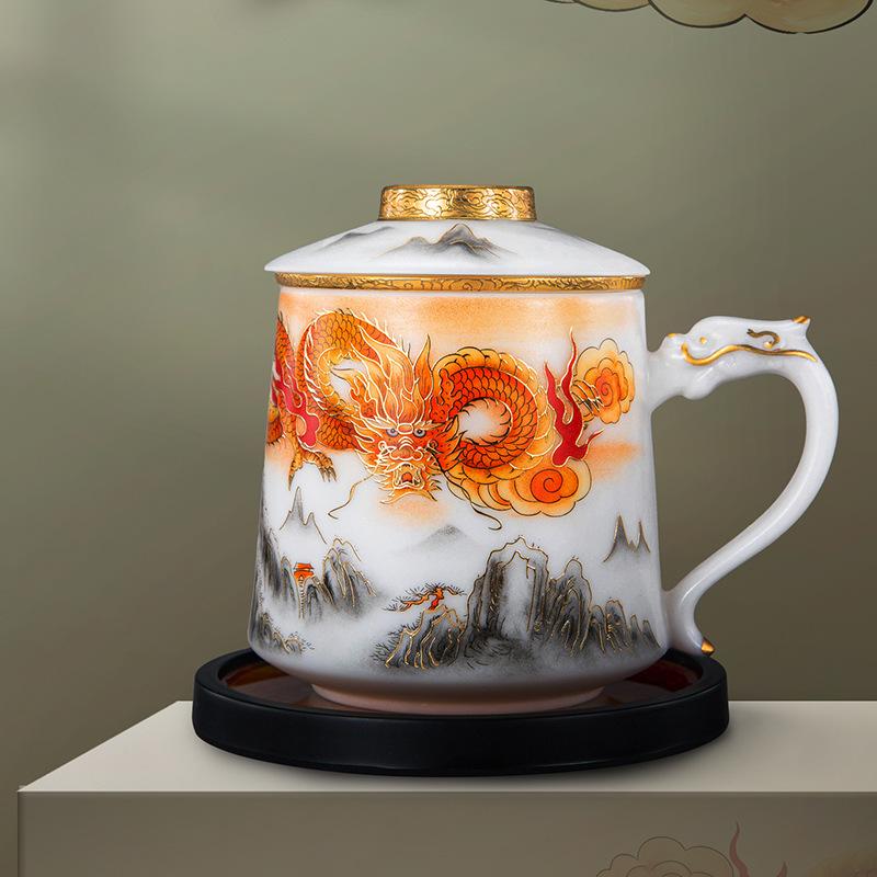 Four-Piece Ceramic Mug Set: Ice Jade Porcelain Tea & Water Separation Cup with Lid - Ideal Business Gift