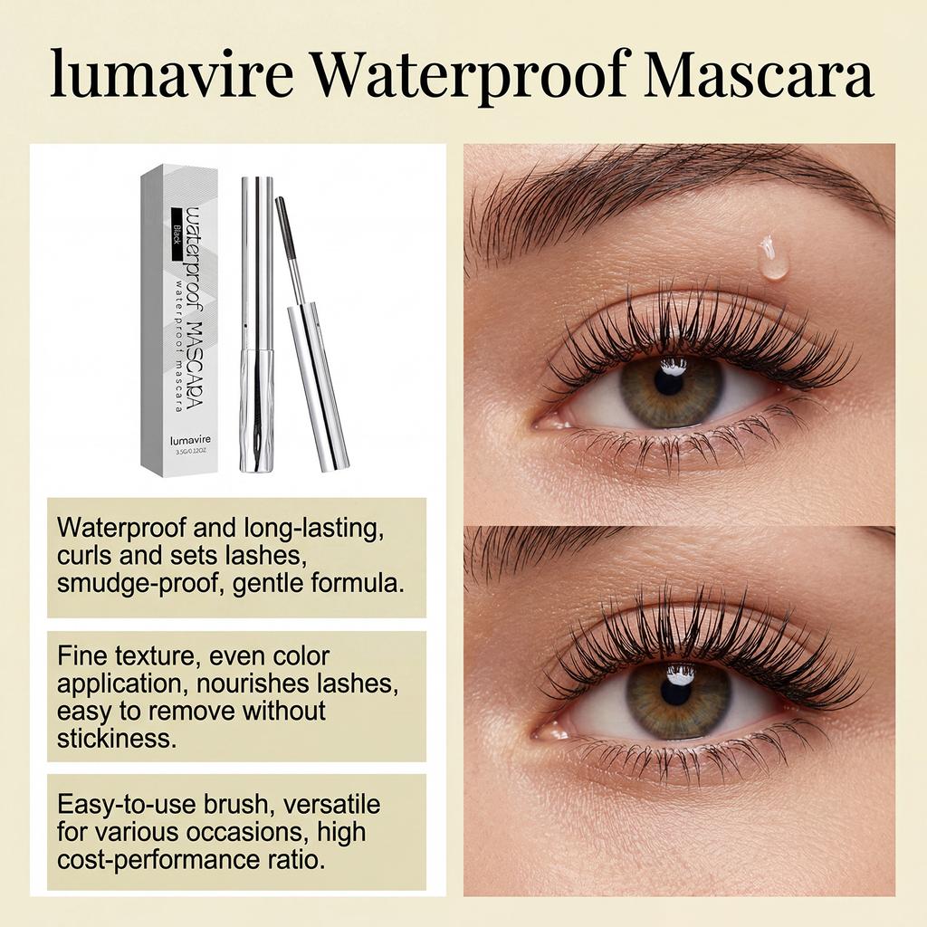 Lumavire Waterproof Mascara: Long-Lasting Curling & Volumizing Lash Mascara with Vitamin E, Smudge-Proof & Gentle Formula, 3.5g