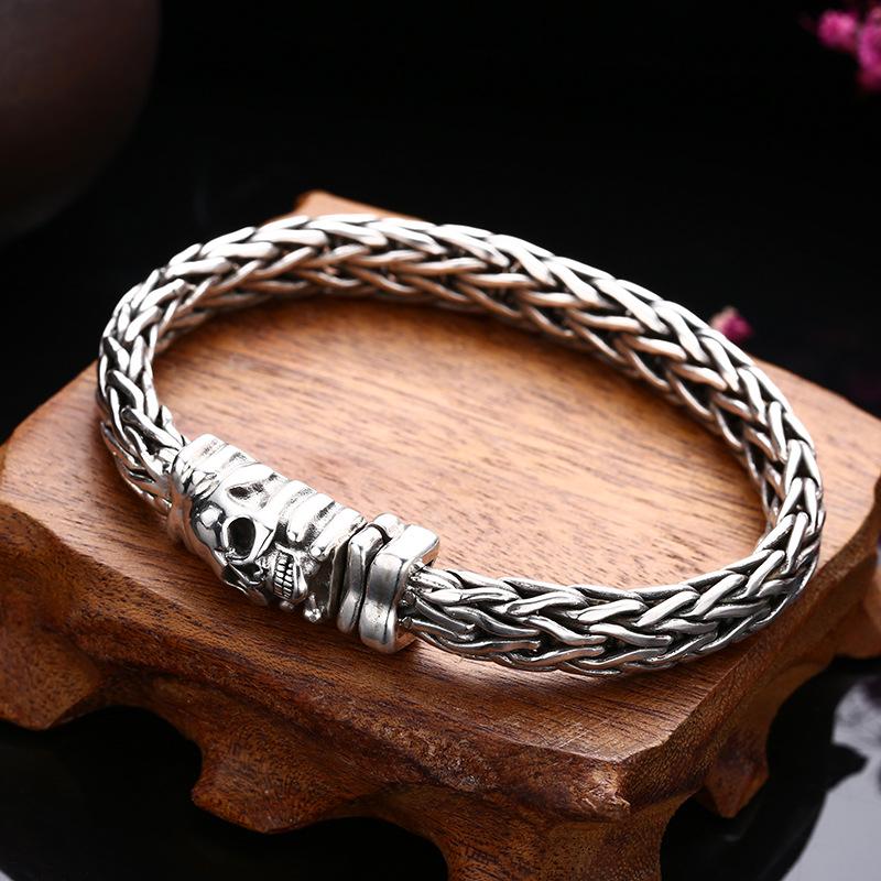 Pure S925 Sterling Silver Jewelry Skull Hand Woven Domineering Man 'S Bracelet Real Silver Vintage Trendy Punk Fine Jewelry Gift