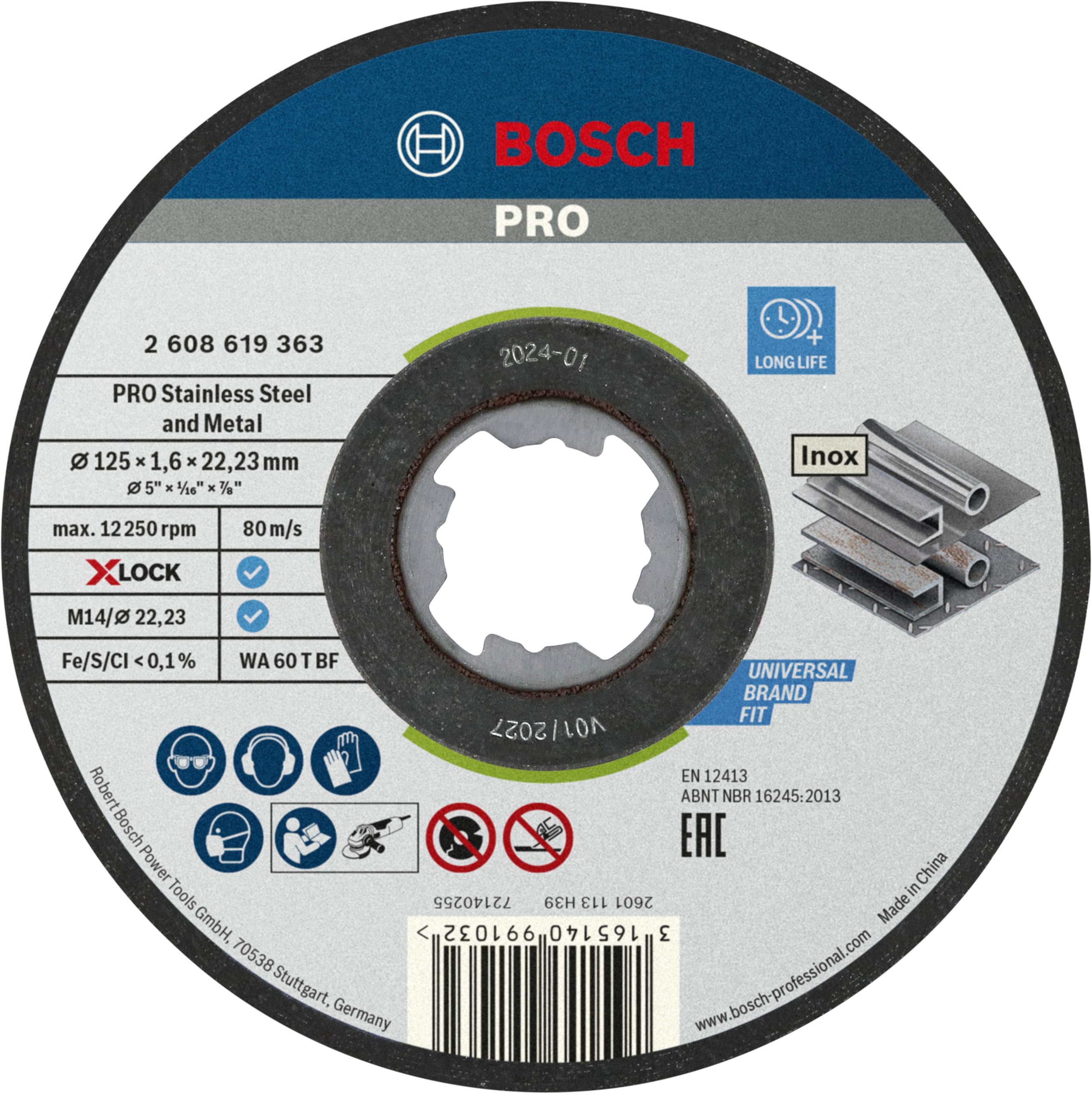

Bosch Cutting Wheel Stainless Steel Pack of 10 2608619364 X-LOCK 125x1.6mm