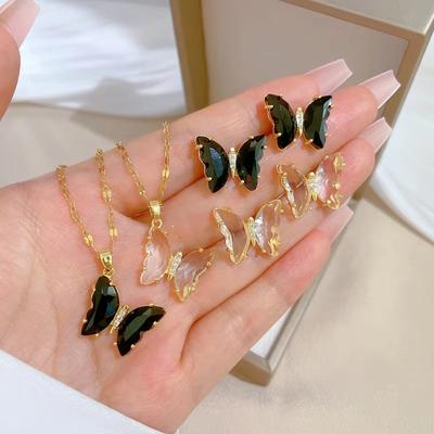 Fashion  Sets Gold Plated Stainless Steel Crystal Zircon Butterfly Necklace Earring  Set Suitable For Party Gifts
