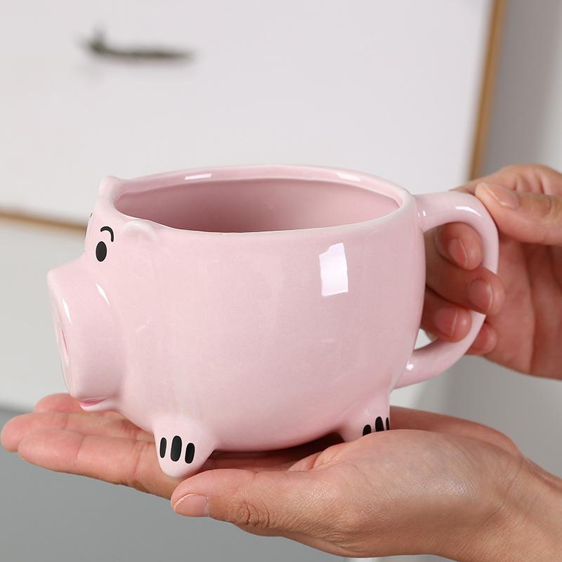 White Porcelain Ceramic Pink Piglet Coffee Cup Mug, Cartoon Animal 3D Relief Piglet Water Cup