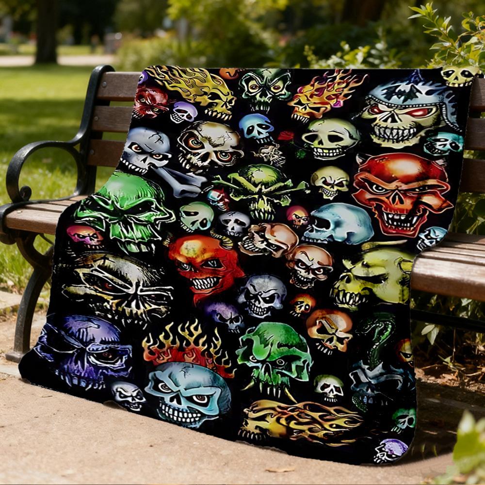 1pc Skull Print Outdoor Flannel Blanket Gift For Boys Girls Adults, Family Friends