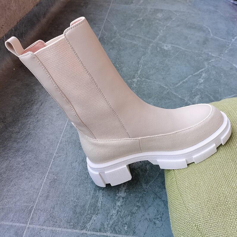 Dámské Béžová Černá Střední kozačky Jaro Podzim Přírodní kůže Hovězí kůže Šití Chelsea Boots Boty