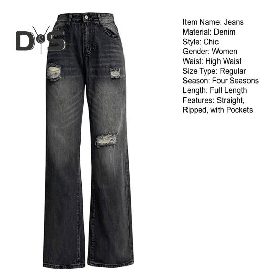 Damen-Jeans mit Taschen, hoher Taille, zerrissen, einfarbig, lange Hose, gerade Hose mit weitem Bein für den täglichen Weg zur Arbeit