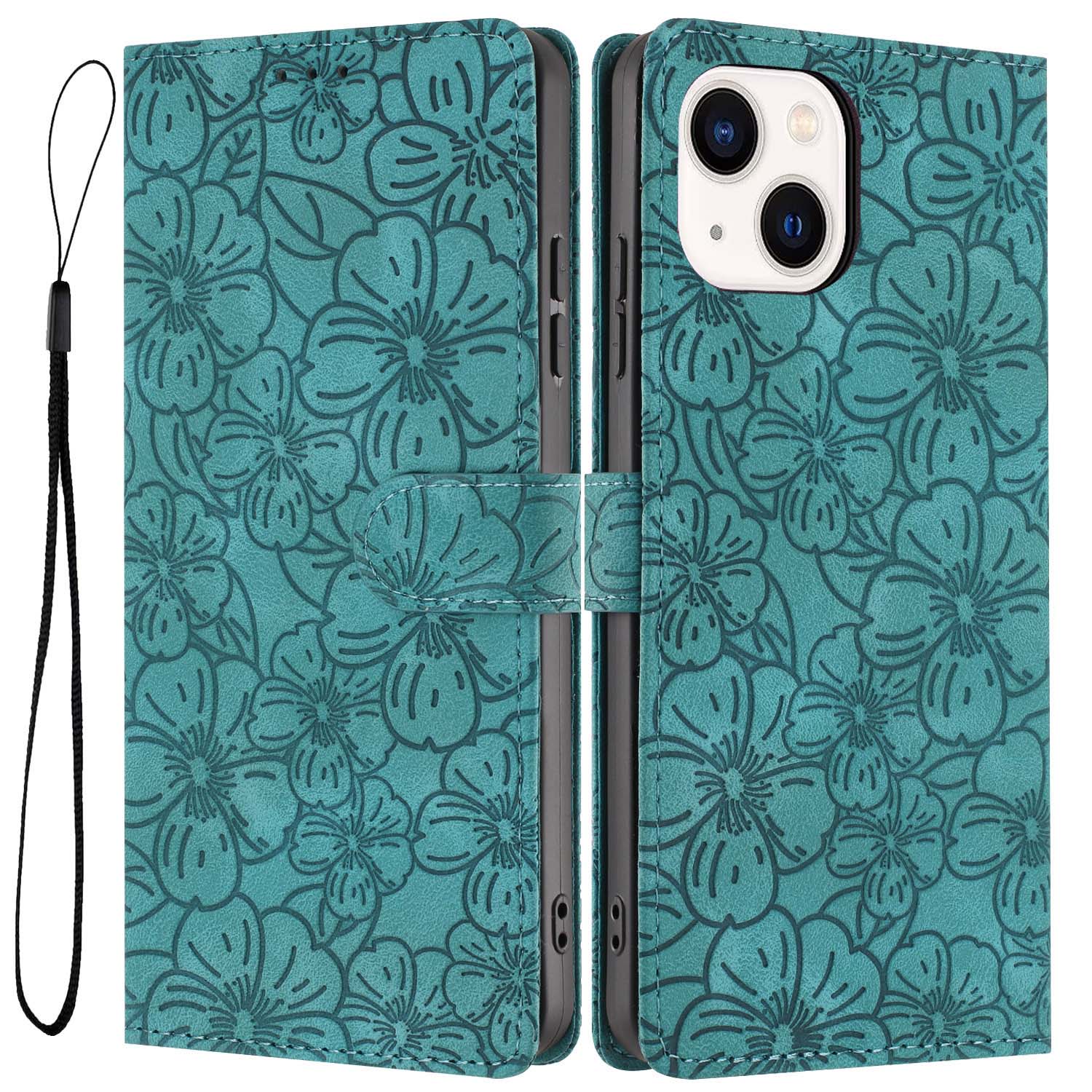 

For iPhone 14/13 Flip Case Cherry Blossom Pattern Leather Wallet Stand Phone Cover with Wrist Strap