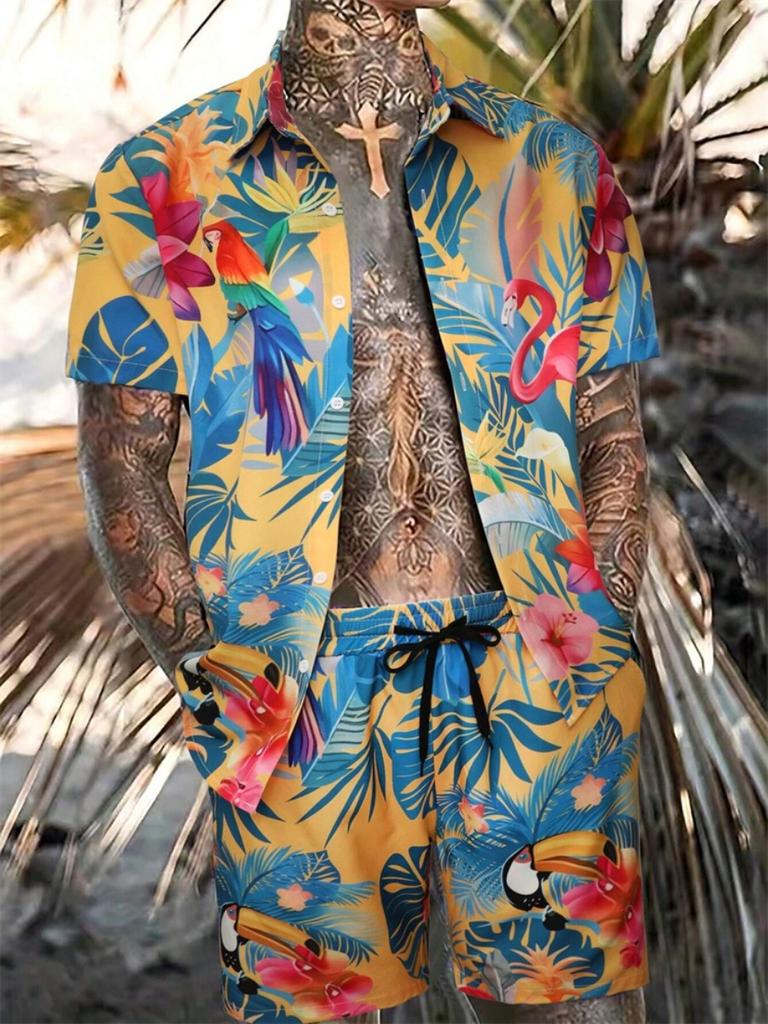 Men's New Hawaiian Short-Sleeved Shirt Shorts Set Summer Daily Travel Shirt Beach Casual Drawstring Shorts Jungle Print Set