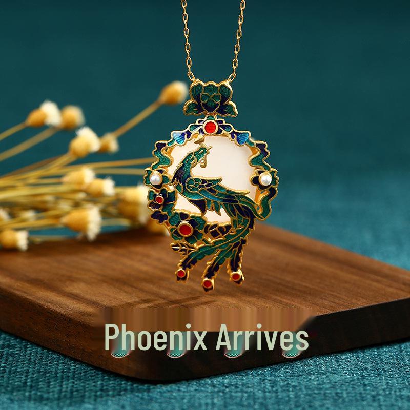 

Phoenix Arrival Enamel Necklace: Ancient Style Hetian Jade Cheongsam Clavicle Chain 24K Gold Plated