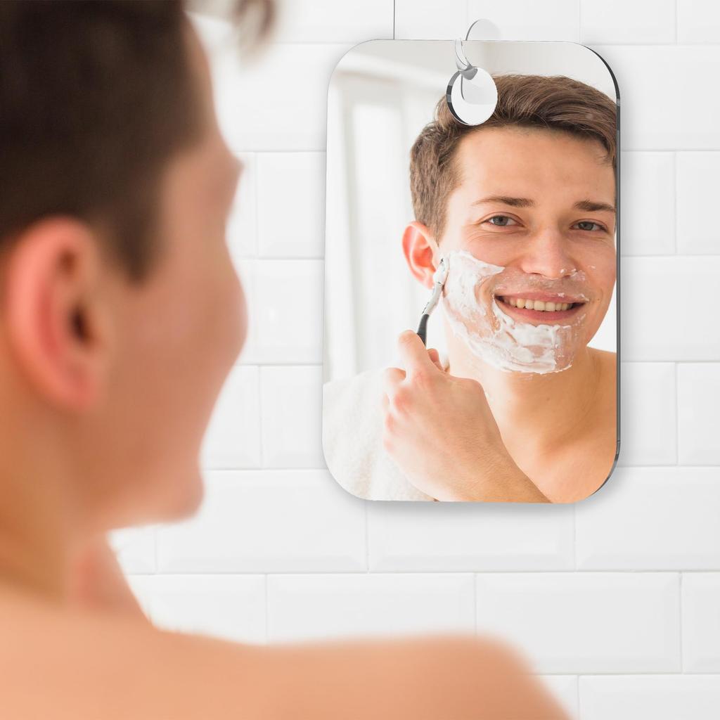 HONEYBULL Fogless Shower Mirror for Shaving Acrylic Mirror with Razor Wall Flat Design for Steam Medium 6x8 Inches – Anti-Fog Holder, No-Drill Mount,