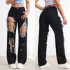 Women's High Waist Ripped Black Straight Leg Jeans