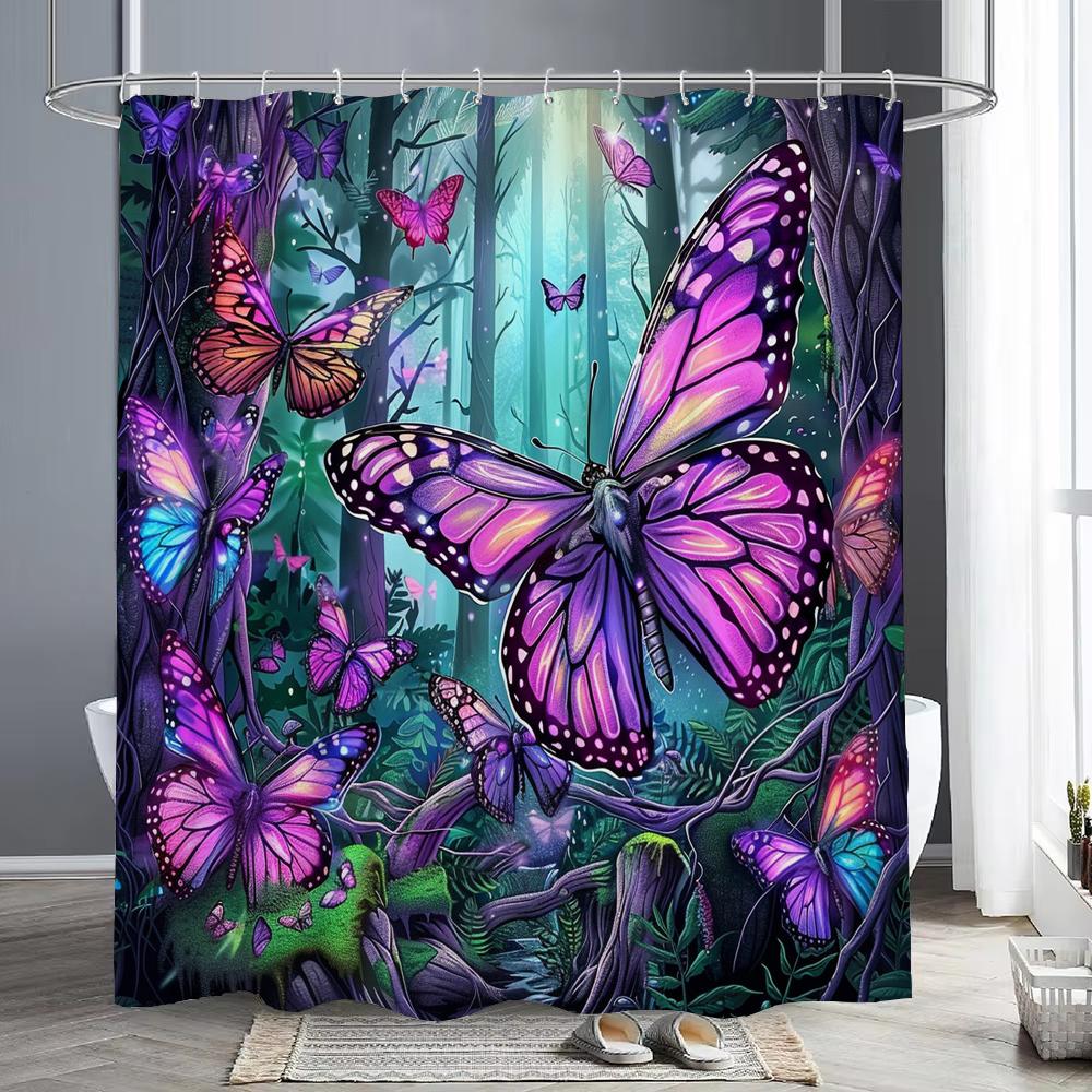 Fairy Tale Forest Beautiful Purple Butterfly Shower Curtain Bathroom Decor Shower Curtain Waterproof Shower Curtain With Hook