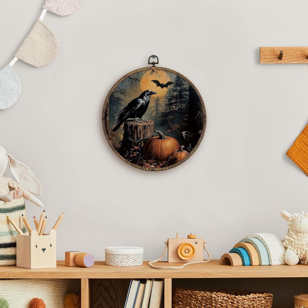 KFXHANGD Halloween Fall Raven Round Wall Art Framed, Gothic Crow Pumpkin Canvas Wall Art Decor, Halloween Fall Hanging Decor for Kitchen Bedroom
