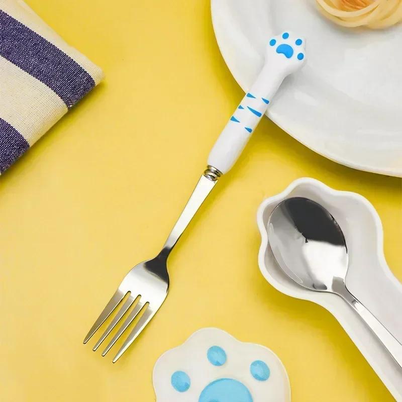 Stainless Steel Cute Cartoon Cat Paw Design Spoon and Fork Set Portable Storage Box Tableware Cutlery Kitchen Items Utensil Sets