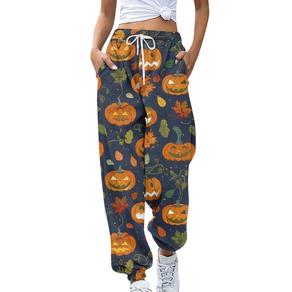 Damsportbyxor med fickor Mode Halloweentryck Elastisk midja Byxor Casual Sweatpants Byxor