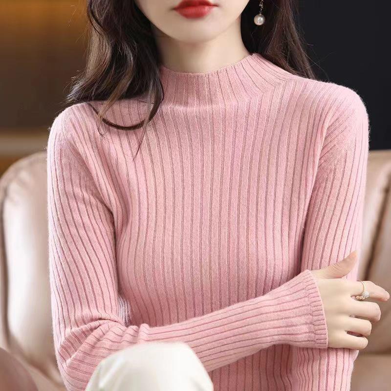 Solid Color Semi-turtleneck Bottoming Shirt Women's Inner High-end Sense Fashion Versatile Vertical Stripe Slim-fit Knitted Sweater Spring