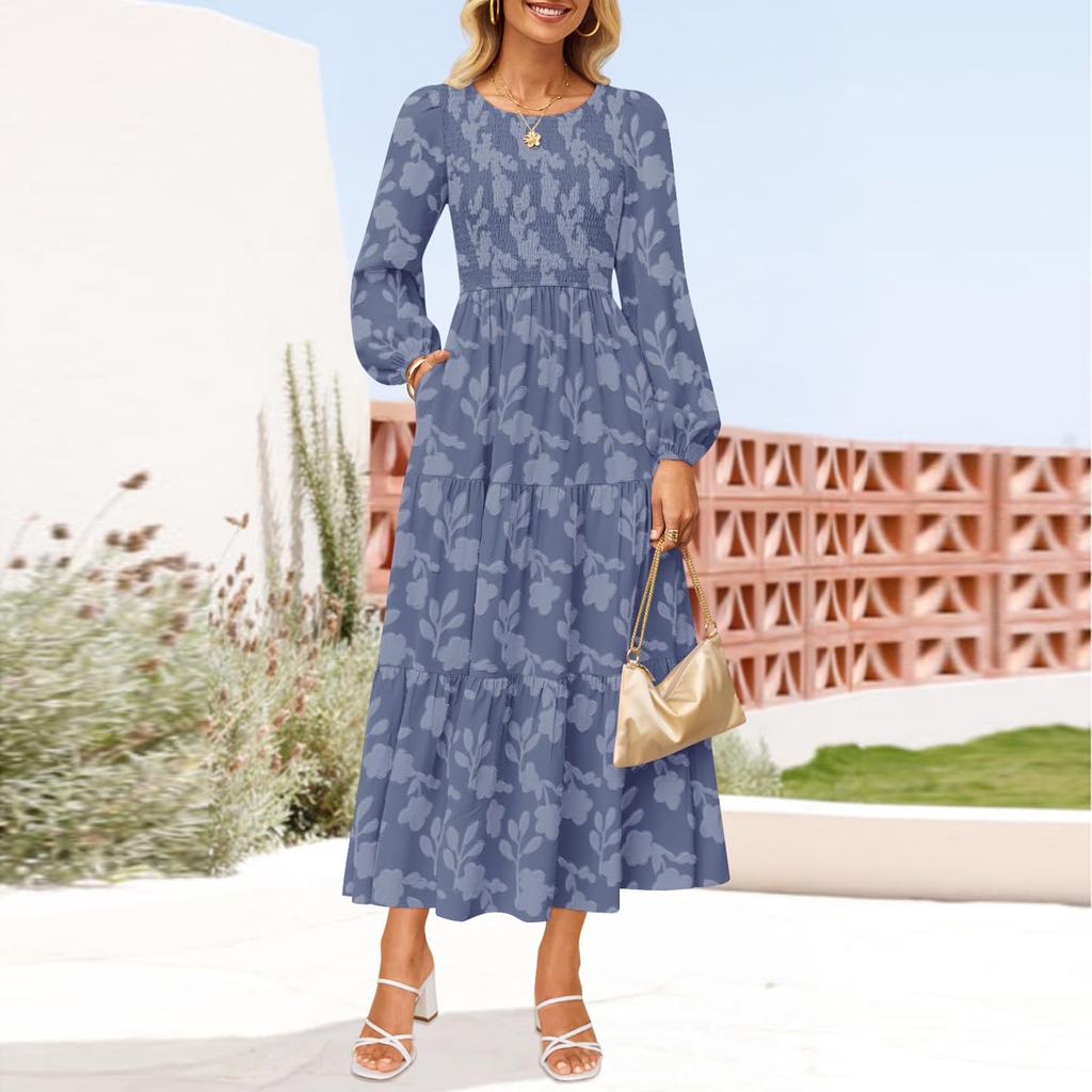 Women's Fashionable Casual Round Neck Long Sleeved Solid Color Dress