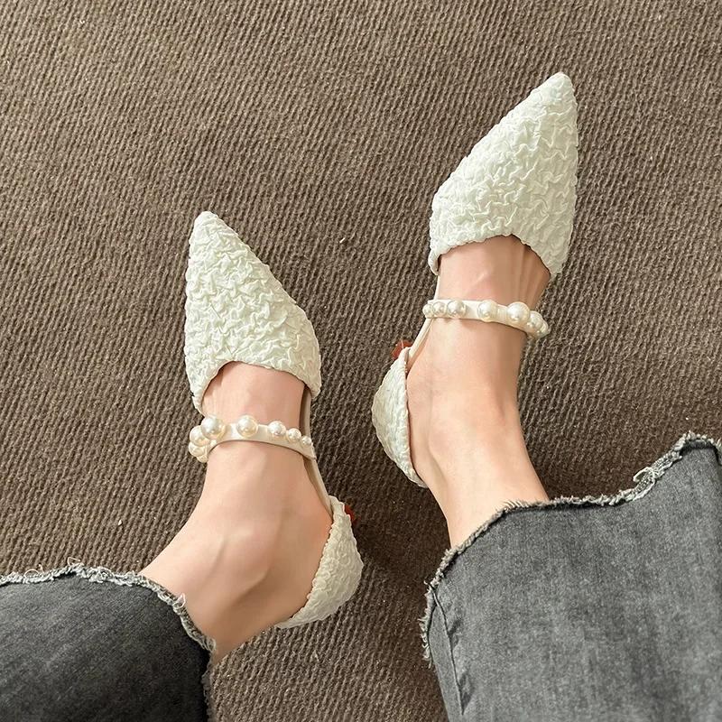 Pleated Pointed Toe Pumps Women Temperament Shallow Mouth Thin Heeled Zapatos Mujer Spring Solid Fashion Pearl Tacones Mujer