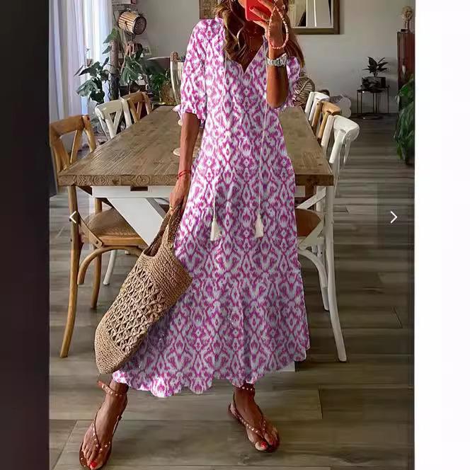 Summer Women V-neck Short Sleeved Long Dress Elegant Flower Printed Women's Loose Dress Bohemian Style Women's Clothing