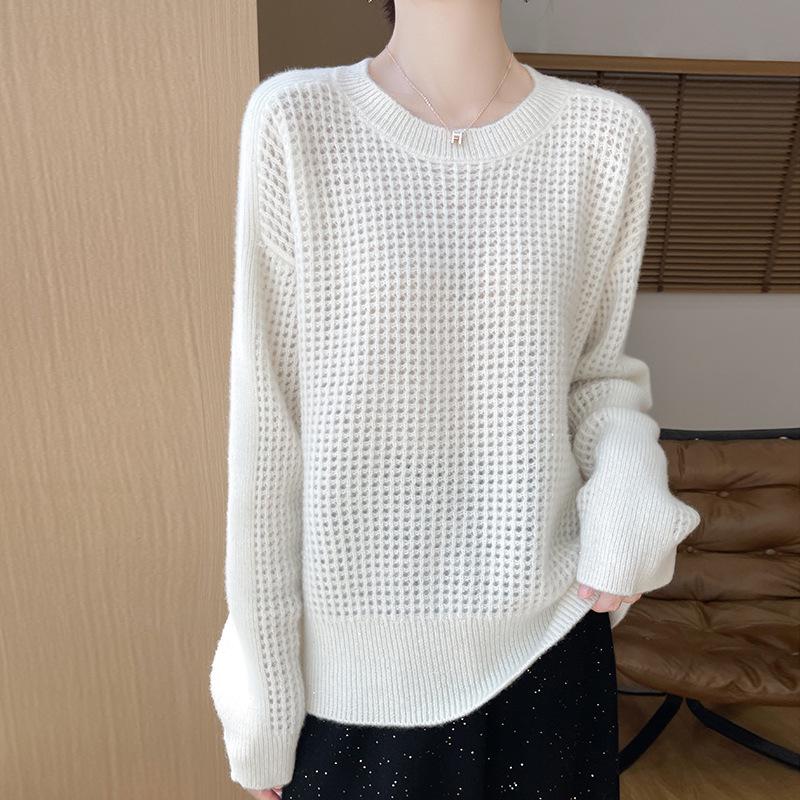 Women's 100% Wool Knit Sweater - Round Neck, Versatile Slimming Style, Cashmere Pullover, Cardigan Base Layer