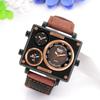 Men's Square Watch with Three Time Zones, Stylish Sports Watch with Leather Strap, Waterproof, Casual, Business, Brown, Perfect Gift for Him or Her,