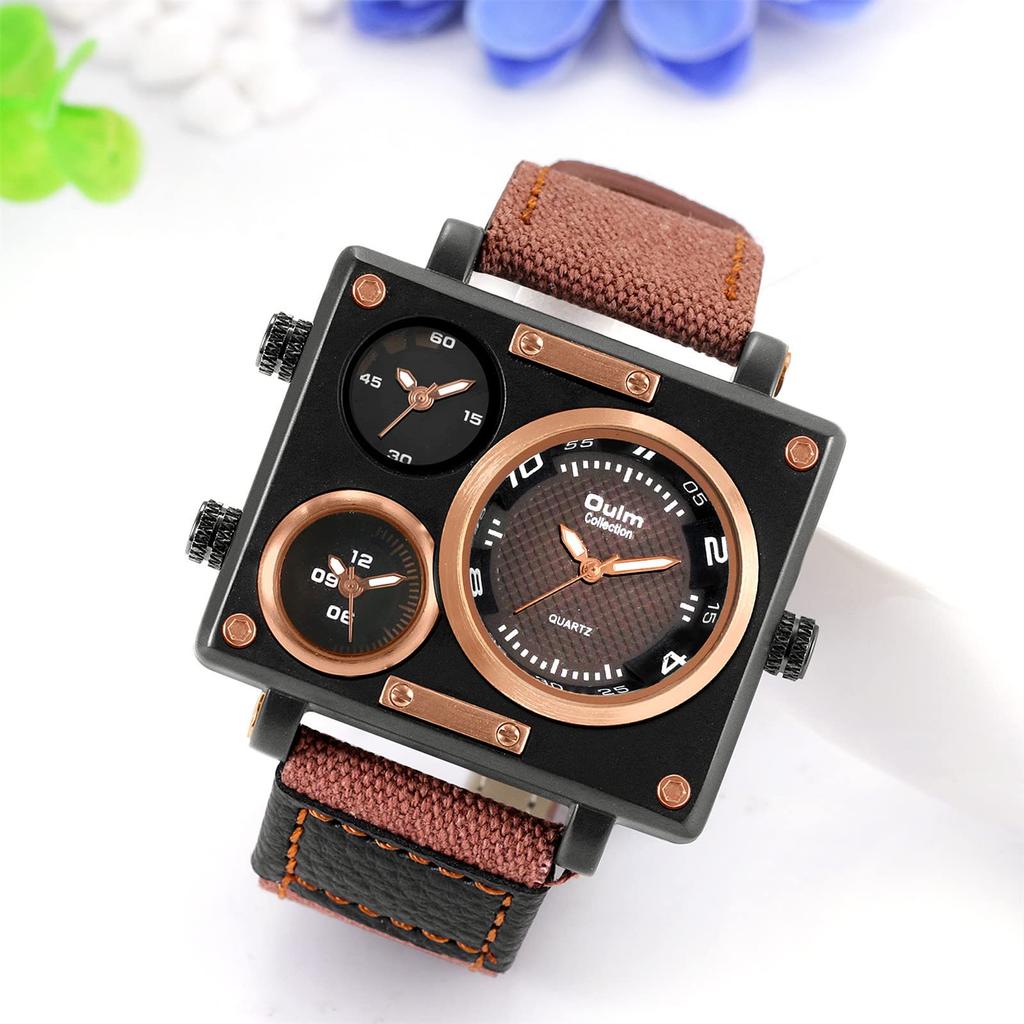 Men's Square Watch with Three Time Zones, Stylish Sports Watch with Leather Strap, Waterproof, Casual, Business, Brown, Perfect Gift for Him or Her,