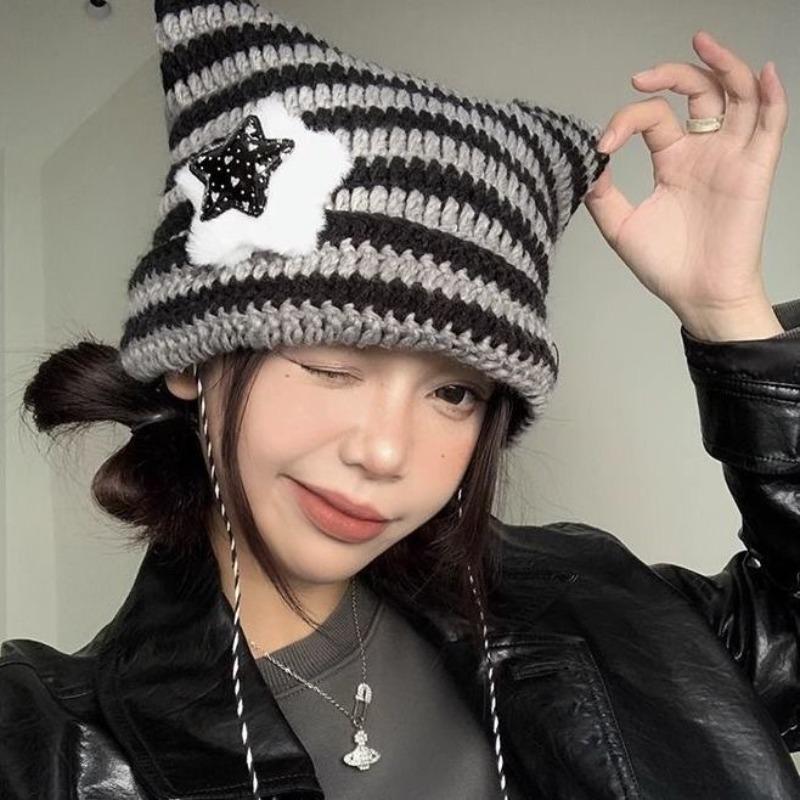 Abbey wind cat ears hat women's autumn and winter yk striped knitted hat cute warm pullover wool hat