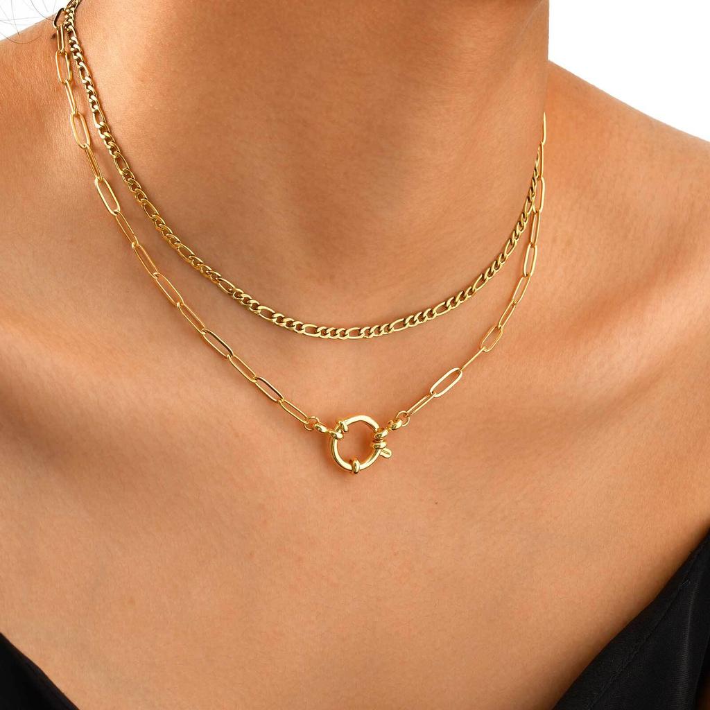 Trendy Layered Necklace for Women, 18K Gold Plated Stainless Steel Link Chain Modern Minimalist Jewelry