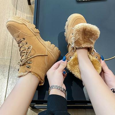 Mode Damen Schneestiefel Beige Plüsch Warmes Fell Causal Stiefel Schuhe Sneakers Stiefeletten Plateau Dicke Sohle Schnürschuhe Winterschuhe