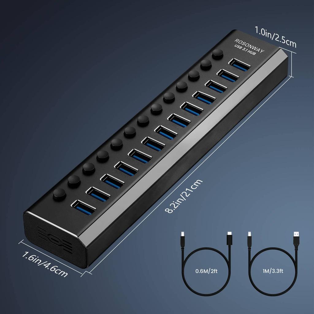 ROSONWAY USB Hub Gen2 10Gbps 13 Port Aluminum 72W USB HUB USB Cable and Type C Cable Included AC Adapter Independent Switch Included 3.1 Self-Powered