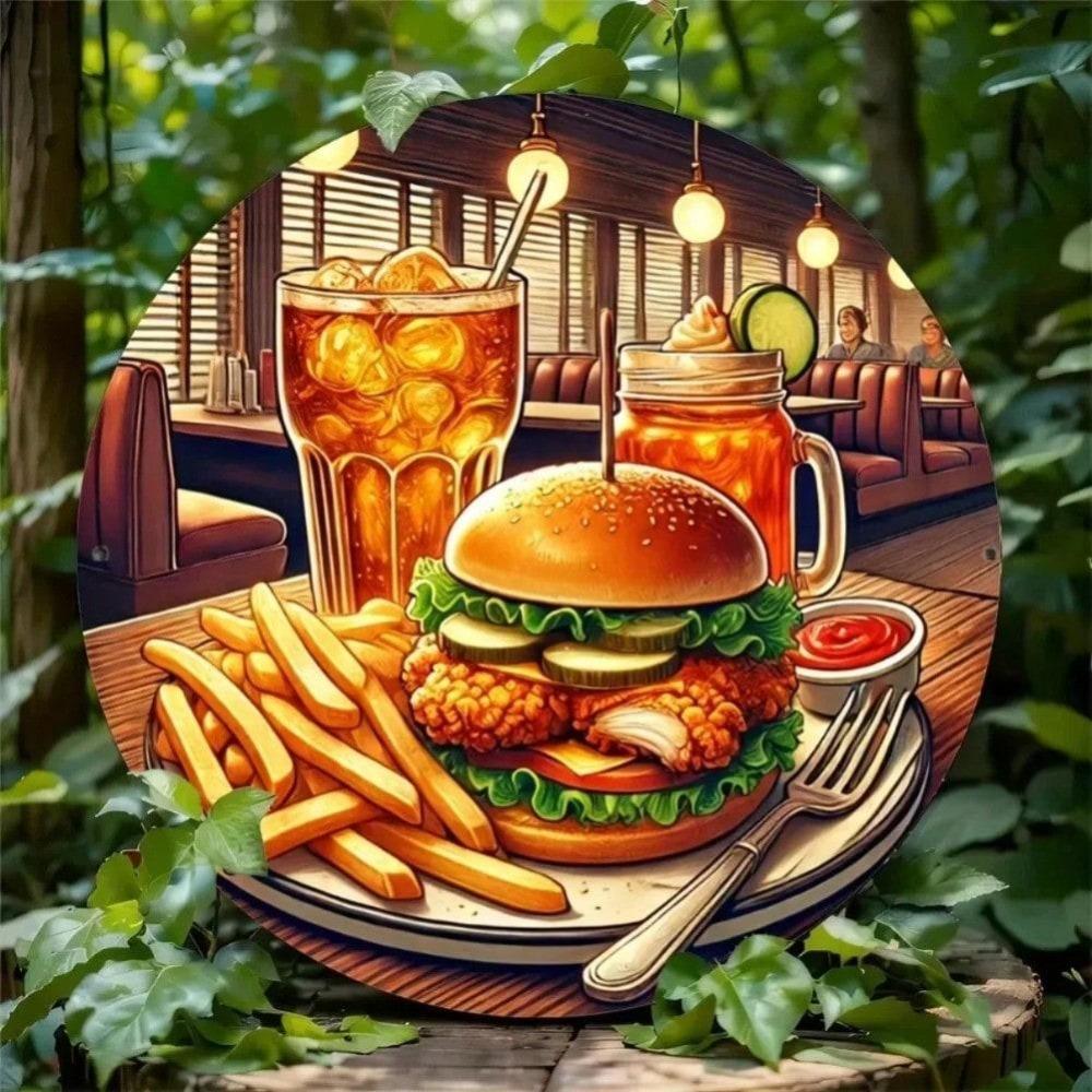 Vintage Burger Fries Metal Wall Art Retro Kitchen Decor Sign