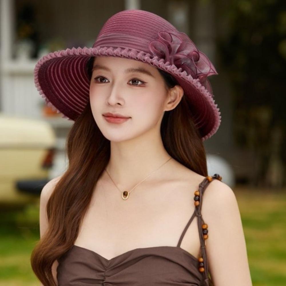 Fashion Organza Women'S Sun Hat Summer Uv Resistant Bucket Hat Floral Design Large Brim Basin Hat Outings Cool Hat