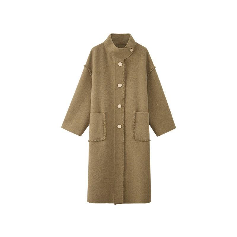 

] Pink rough edge double-sided wool coat women s winter new design sense stand-up collar loose and thin woolen coat S