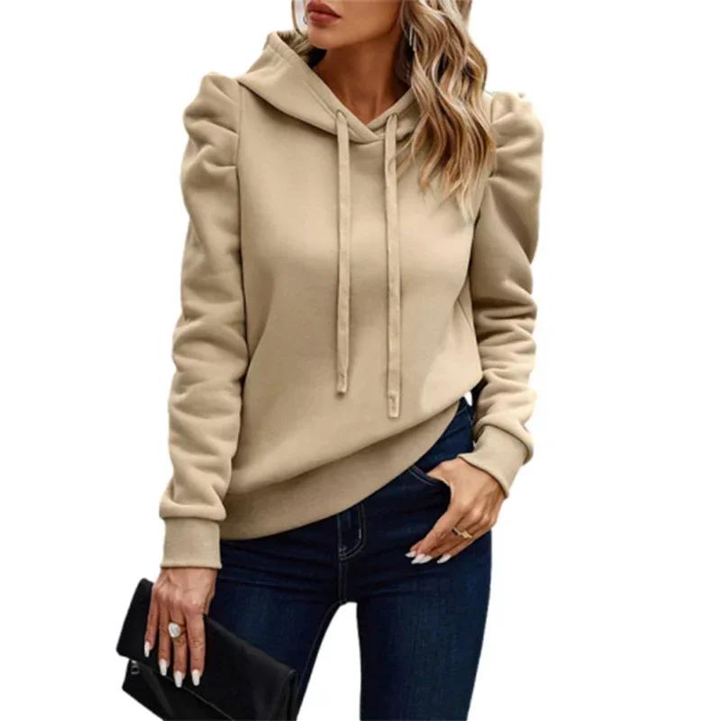 Women Solid Color Casual Hooded Sweatshirt Autumn Winter New Bubble Long Sleeve Hoodie Thickened Warm Pullover Female Hoodies Outerwear