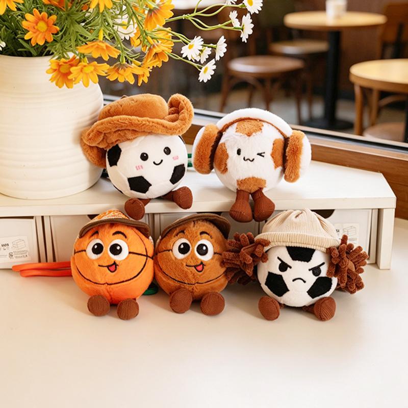 Cartoon Sports Ball Plush Keychain Cute Mini Stuffed Basketball Football Soccer With Hat Soft Toys Kawaii Bag Charm