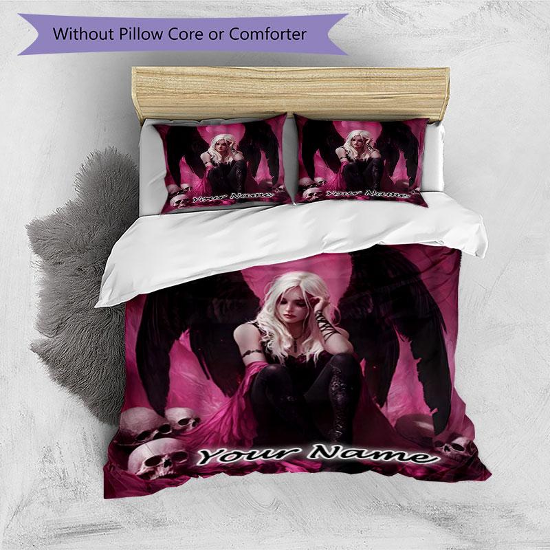 3PC Custom Name Gothic Angel Skulls Bedding Set Printed Bedding Set Duvet Cover Closure Includes 1 Duvet Cover & 2 Pillowcases for All Seasons Bedroom