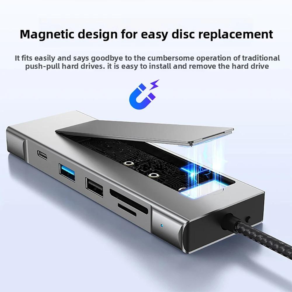 8-in-1 M.2 SSD Docking Station with Disk Storage Function USB HUB SATA+NVME USB C HUB 4K30Hz/10Gbps/100W For Laptop Macbook Pro