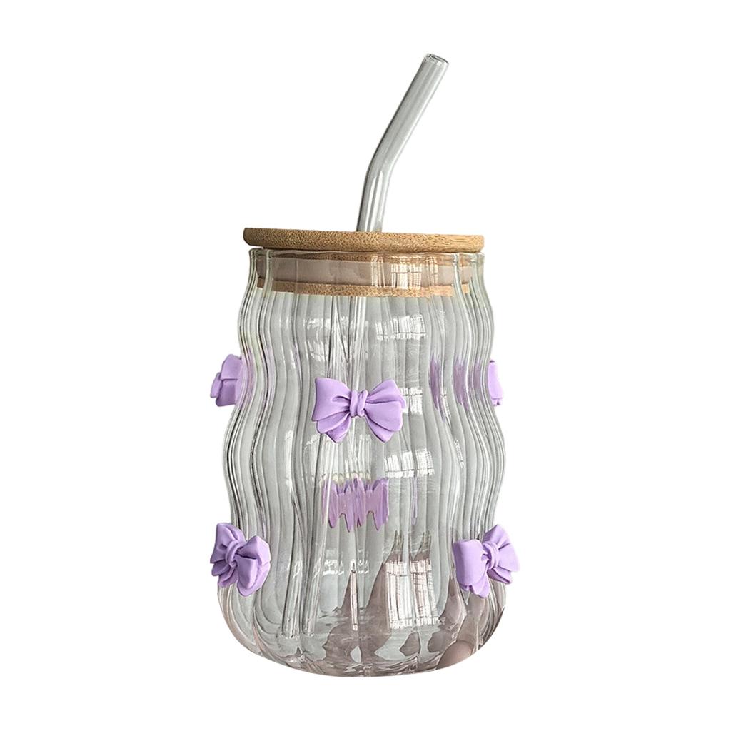 Bowknot Glasses Ribbed Glass Cups With Lids Straws And Bow For Iced Coffee 15oz Ideal Wavy Coffee Cups With Straws Glass Clear Ribbed Glasses