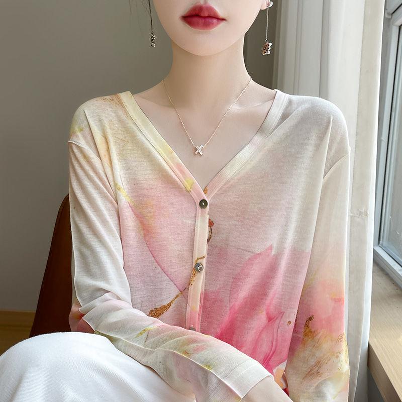 

Женский тонкий кардиган весна-лето шелковый принт трикотажный кардиган куртка длинный рукав свободный солнцезащитный трикотажный топ 2XL