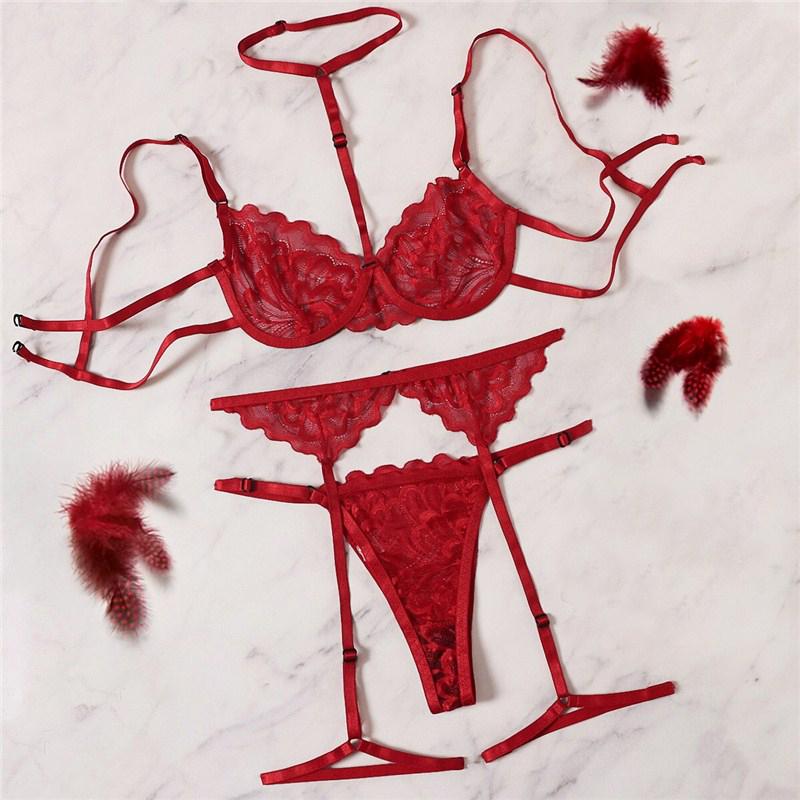 Erotic Lingerie Sets For Women Lace Garters Transparent Bra And Panty Set Female Porno Costumes Deep V Halter Sexy Underwear Set
