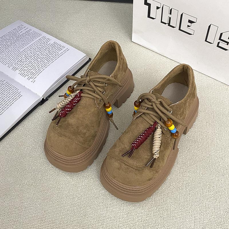 

Туфли на платформе маффин женские из матовой кожи 2025 осень новая одинарная обувь небольшое увеличение роста повседневная обувь лоферы маленькие кожаные туфли 40 хаки