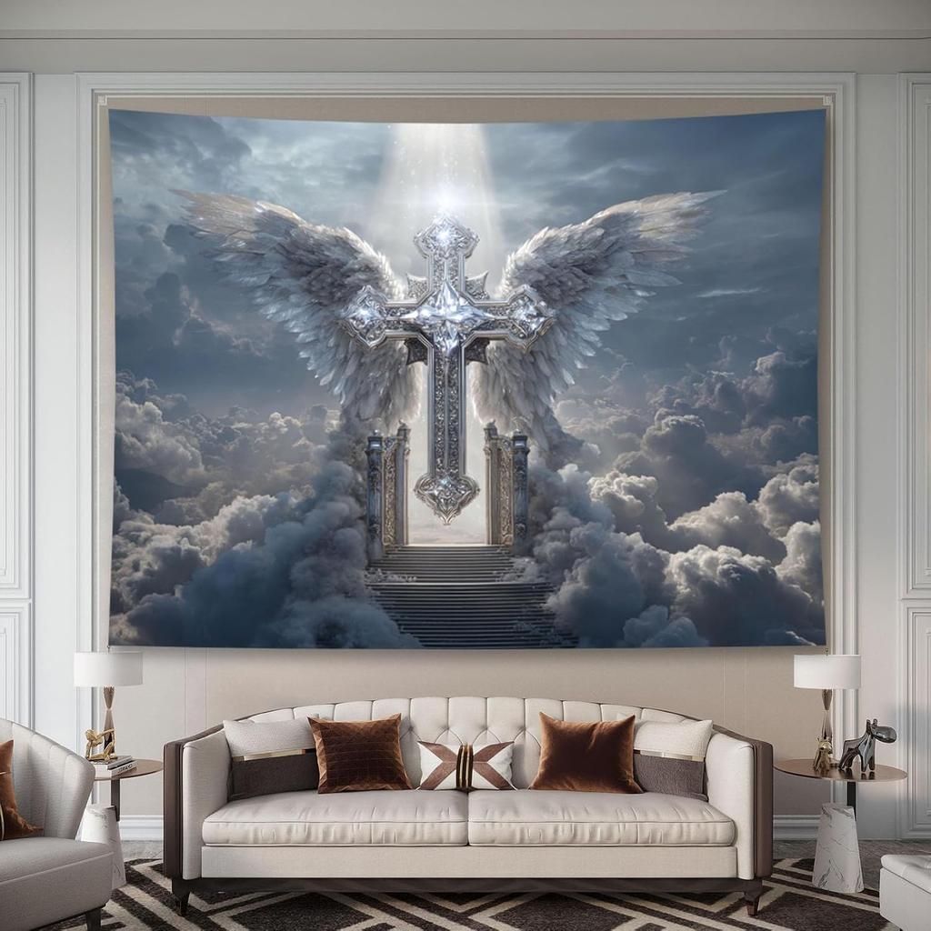Majestätische Engelsflügel Kreuz Wandteppich Spirituelle Religiöse Wandbehang Heimdekor Christliche Kunst Polyester Polyester Druck