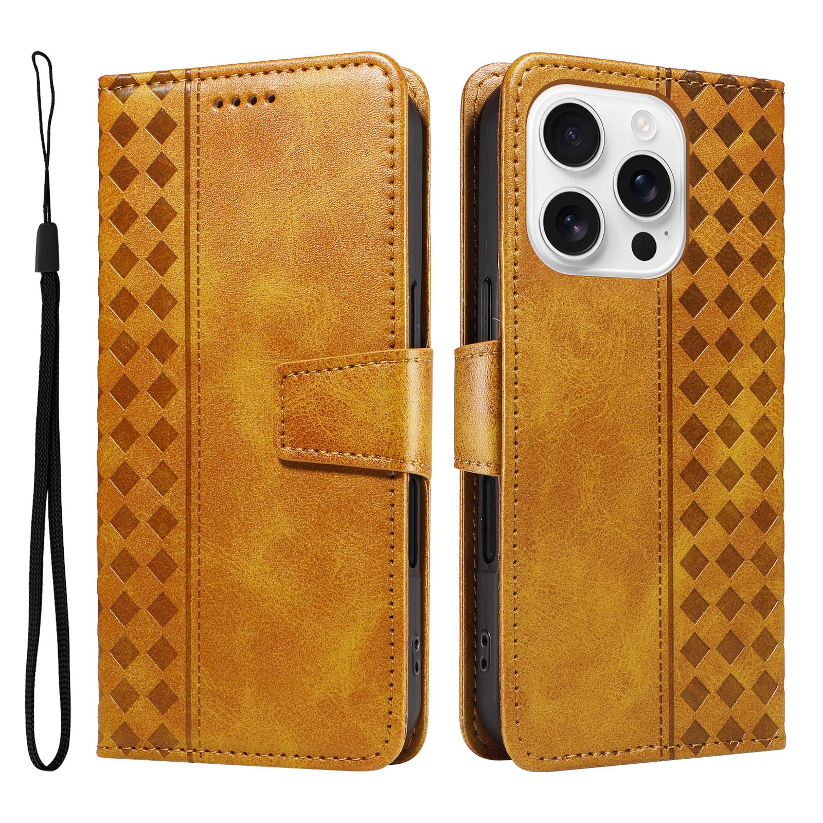 

For iPhone 16 Pro Max Leather Case Wallet Stand Grids Imprinted Phone Cover with Strap A