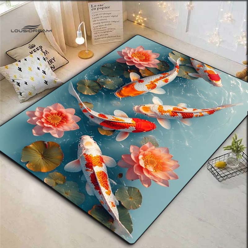 Koi Fish Lotus Area Rug, Lucky Carp Floor Mat 40x60cm( 15x23in )
