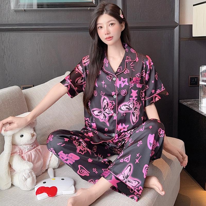 Girls Gradually Change Butterfly Ice Silk Pajamas Women'S Summer Short-Sleeved Shorts Sweet Cool Wind Loungewear