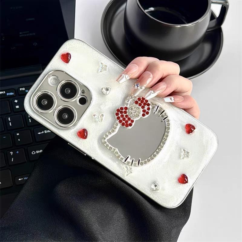 

Rhinestone glass Kt cat mirror mobile phone case for Iphone17Promax Epoxy glitter Apple 16 women iPhone 7/8/SE 2020
