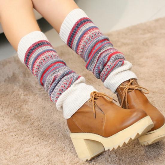 1 Pair Ethnic Style Striped Print Ribbed Cuffs Knee High Knitted Leg Warmers Autumn Winter Women Warm Boot Stockings