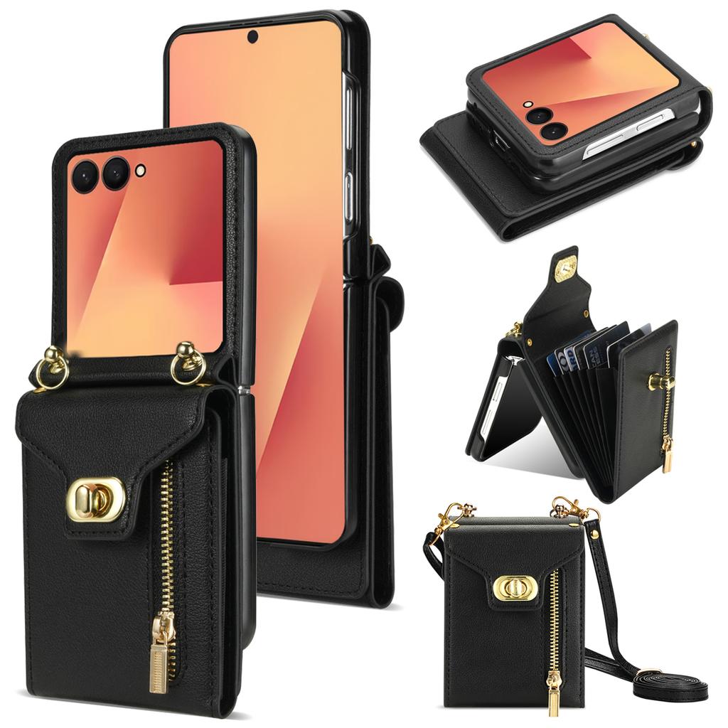 For Samsung Galaxy Z Flip7 5G Case Zipper Wallet Design PU PC Phone Cover with Long Strap